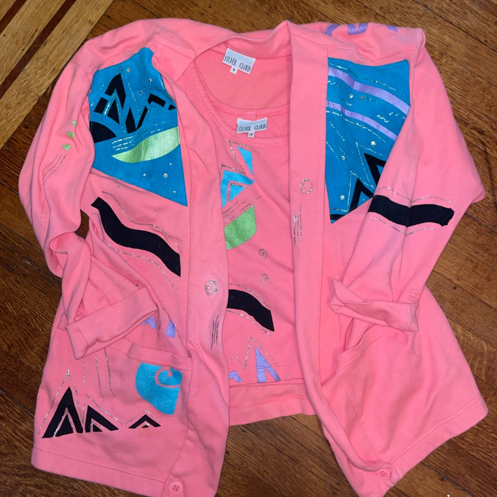 Vintage puff paint neon hot pink silver glitter bedazzled shirt set 90s retro
